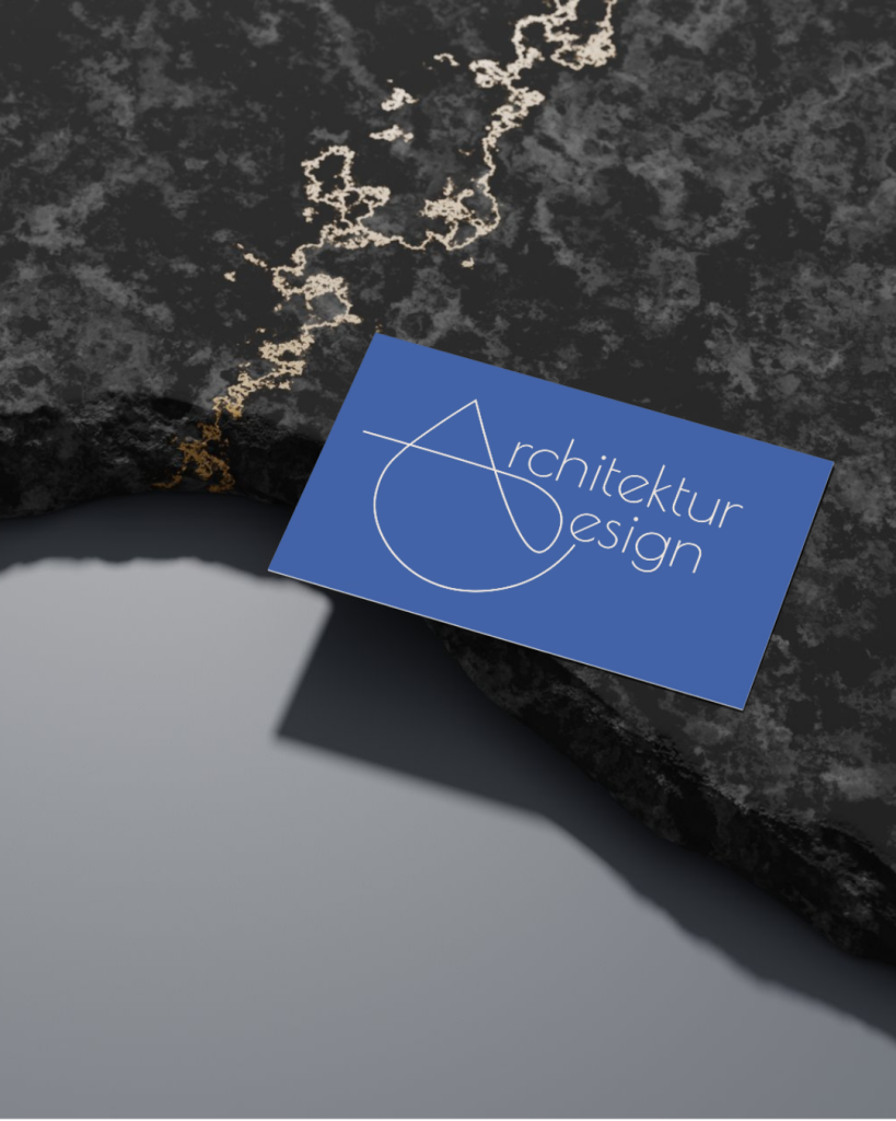 Referenzbild des Logodesigns von Architektur + Design: eine Visitenkarte in Blau mit dem Logo.
